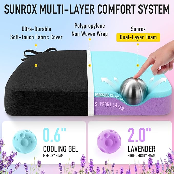 SUNROX Cooling Gel Memory Foam Chair Cushions, 2.6" Thick U-Shaped Dual-Layer Comfort Dining Chair Pads, Non Slip Seat Cushion with Ties for Indoor Kitchen Office 17"x16" Set of 4, Midnight