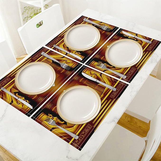 Ancient Egyptian Placemats Golden Egyptian Architecture Pyramid Old History Mural Linen Washable Table Mats Stain Heat-Resistant Desktop Decor Place Mats for Home Kitchen Dining Party 12x18 in 6 Pcs