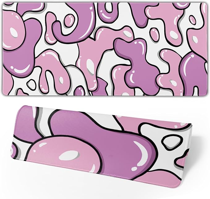 Pink White Mouse Pad XL 31.5”x11.8” Anime Cool Geometric Japanese Desk Mat Extended Keyboard PC Computer Pad Gaming with Non-Slip Rubber Base Stitched Edge Desk Pad Mouse Mat for Home Office Work