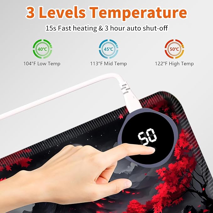 Heated Mouse Pad,Warm Desk Pad with 3 Levels Heating & 3 Hours Auto Shut-Off, PU Leather Heated Desk Pad Warmer Pad for Home Office - 23.6 x 14.2 inch,Red Tree Moon