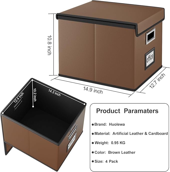 Portable Leather File Organizer Boxes with Lids, Office Document Boxes Organizer, Filing Boxes, Decorative Small File Boxes for Hanging Files with Plastic Slide for Office/Decor/Home