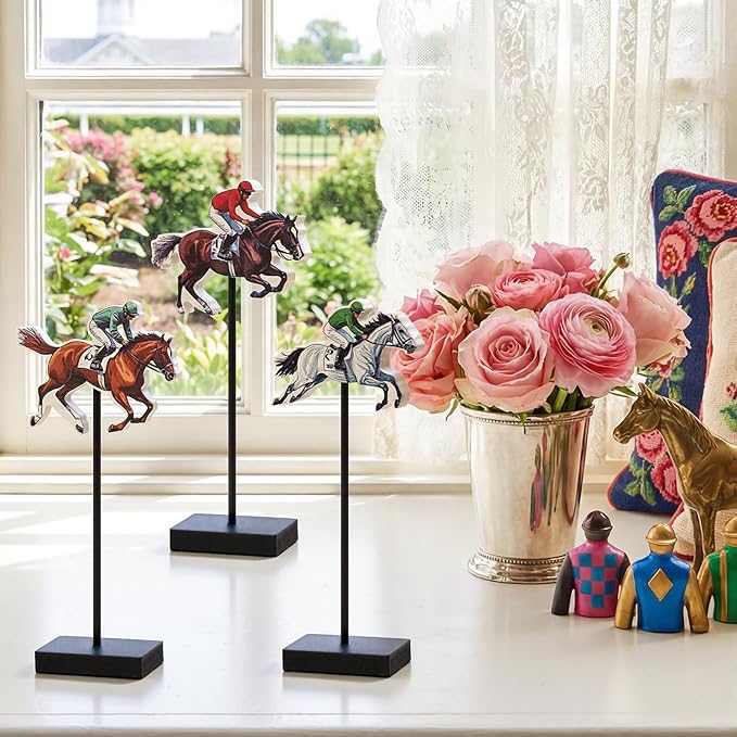 Smile Jockey Wooden Standing Decor Set, 3-Piece Multi-Color Horse Racing Tiered Tray Tabletop Signs with Stands for Horse Racing Party Decorations