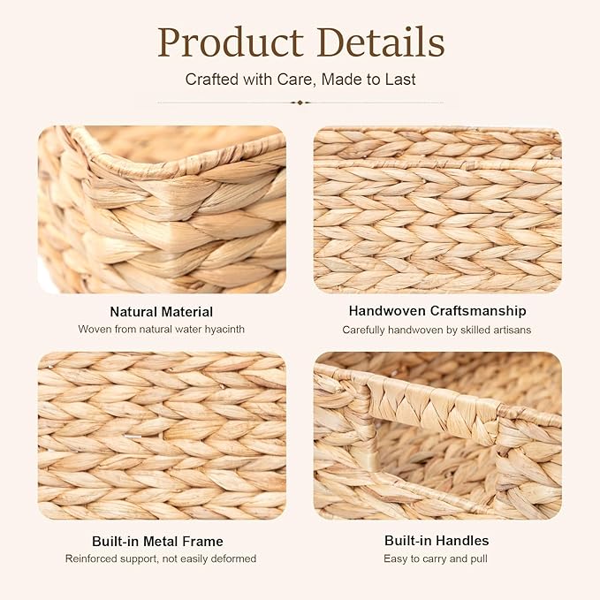 YAHUAN Pantry Basket, Water Hyacinth Storage Basket with Handles Shallow Basket for Organizing, Shelves, Pantry Organizers and Storage, 15.35"L x 11.8"W x 4.72"H (Brown)
