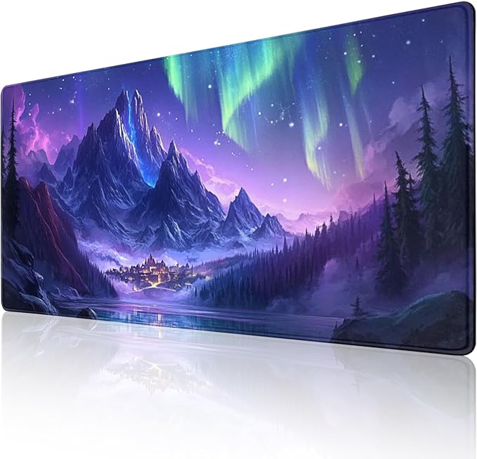 Extended Mouse Pad Large Gaming Mouse Pads - Aurora Painting Northern Lights Mountains Stars Desk Pad Computer Desk Mat Non-Slip Mousepad for Game Players, Office, Study (48" x 24")