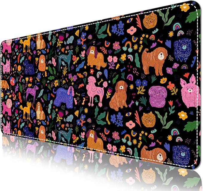 DINKY Desk Mat, Leather Keyboard and Mouse Pad for Desk, Black Office Desk Pad for Girls, Non-Slip Large Gaming Mouse Pads Desk Cover Decor 35.4"x15.7", Cute Dogs