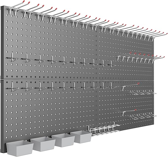 TORACK Garage Tools Organizer Boards Kit with Hooks, Modular Wall-Mounted Tool Storage Pegboard for Workbench(Black, 4 Panels with Hooks)