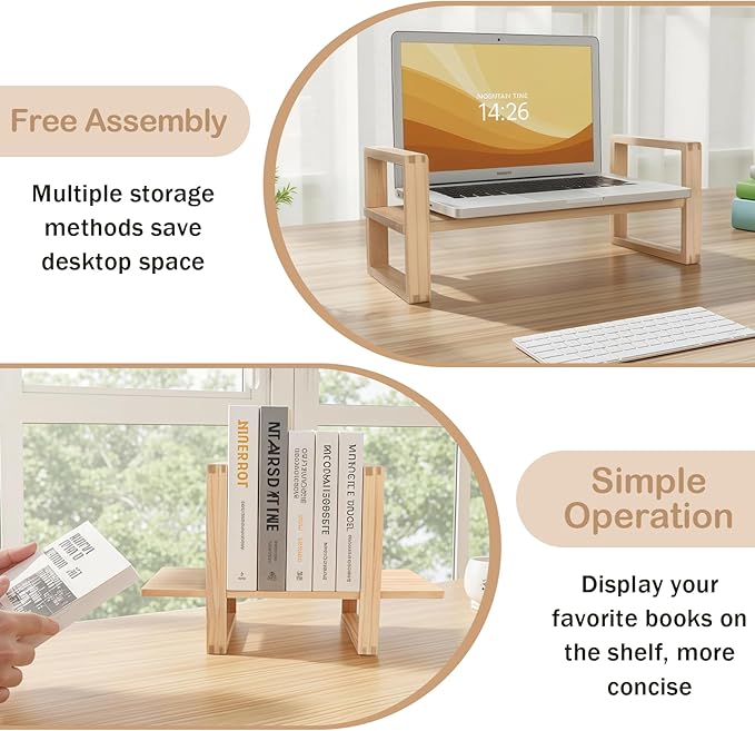 Desk Shelf, 100% Solid Wood Adjustable Desktop Bookshelf, No Tools, Nails or Glue Required for 130lb Load Capacity for Living Room, Office, Books, Cookbooks, Interlocking Joints Nature Pine Color