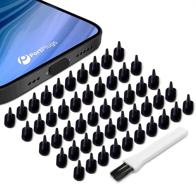PortPlugs Dust Plugs for iPhone, Compatible with Lightning Port, Low Profile with Cleaning Brush, Keeps Charging Port Clean from Dust Lint, Fits iPhone 14 to 7, iPad AirPods | Black (50 Pack)