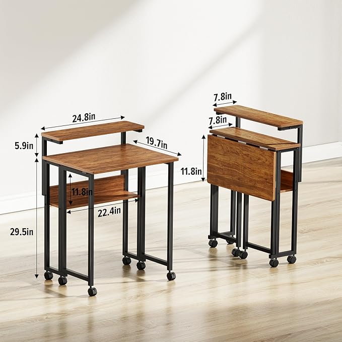 GreenForest Folding Desk with Adjustable Monitor Stand and Storage Shelf, 24.8in Small Desk with Wheels, Mobile Rolling Table for Small Spaces, Home Office, Walnut