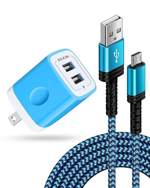 AILKIN Micro USB Charger for Kindle Fire Tablets with Dual USB Wall Adapter – Android Charging Cord for Fire 7/8/10, Kids & Kids Pro, Kindle Paperwhite, PS4 Slim, Xbox One S/X, Droid Phone Cargador