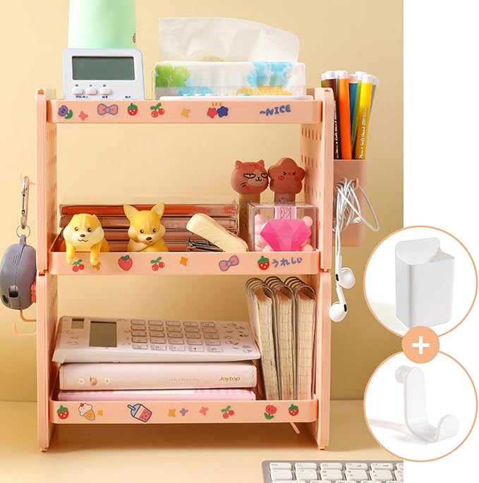 Lae Nuvole Desktop Organizer Shelf Stationery Organizer with Pen Holder Office Desktop Storage Rack Combinable Organization and Storage for Desk, Office, Countertop, Dorm (Pink, 3 Tier)