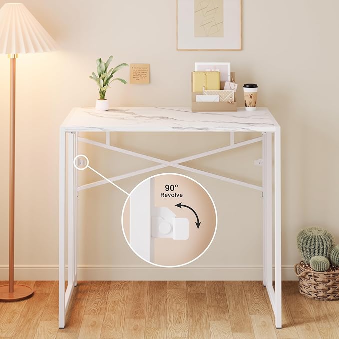 Lutown-Teen 35 inch Folding Small Desk, Writing Gaming Computer Camping Desk for Small Spaces, No Assembly Required Home Office Table, White Marble