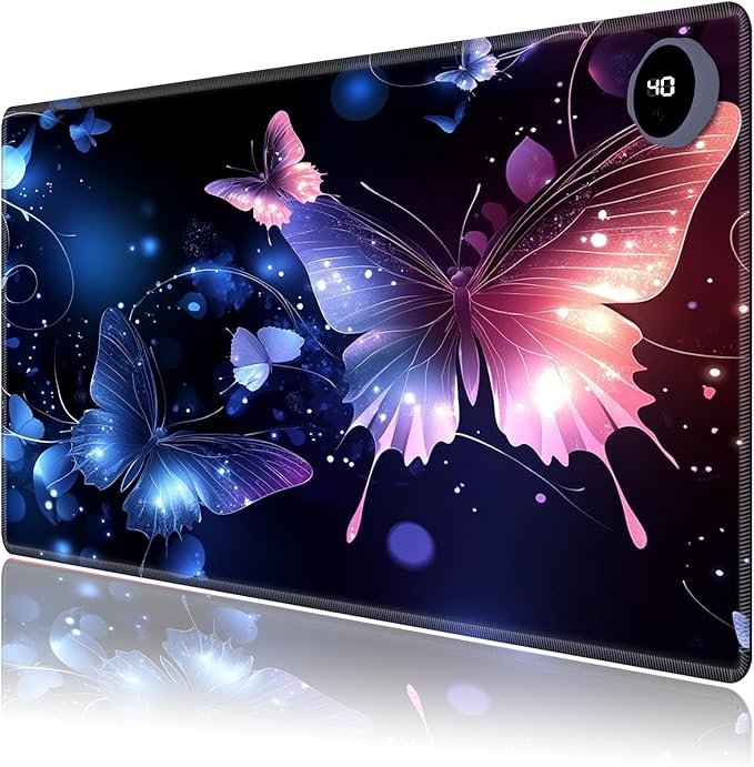 Heated Mouse Pad,Warm Desk Pad with 3 Levels Heating & 3 Hours Auto Shut-Off, PU Leather Heated Desk Pad Warmer Pad for Home Office - 23.6 x 14.2 inch,Shining Butterfly