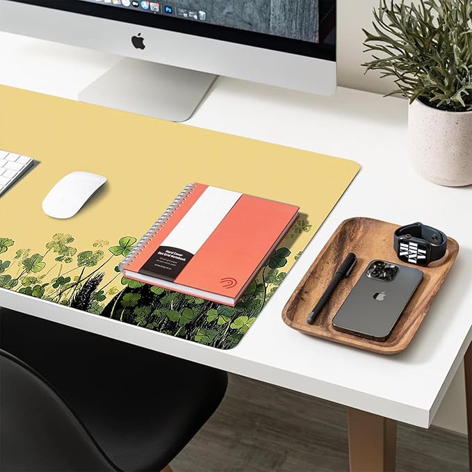 Clover Mouse Pad PU Leather Black Cat Desk Mat Large Waterproof Gaming Pad Non-Slip Keyboard Mouse Pad Writing Pad for Gamer Office&Home
