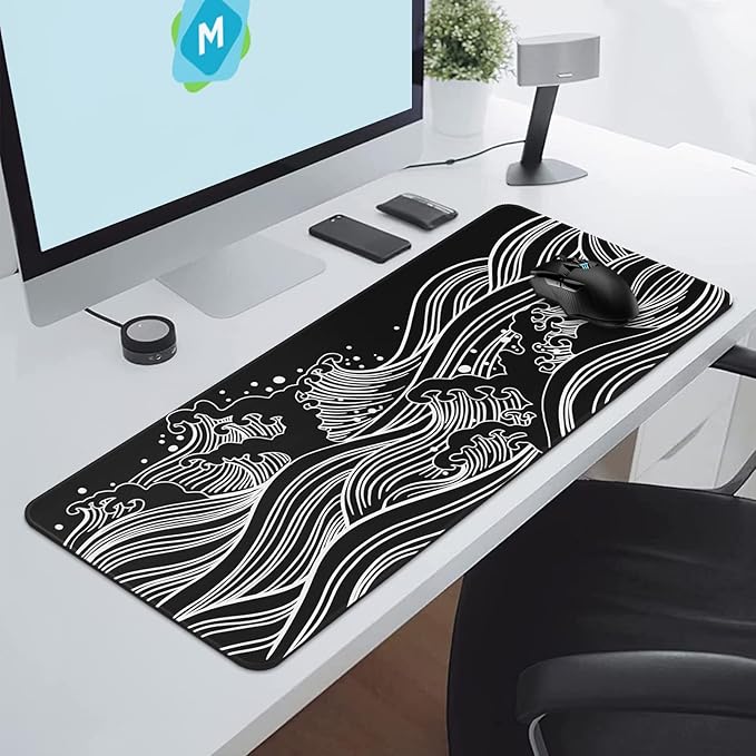 DIGSOM Gaming Mouse Pad - Large 31.5 x 11.8 in Black and White with Stitching Edges, Non-Slip Rubber Base Large Mouse Mat and Keyboard Pad (Sea Wave)