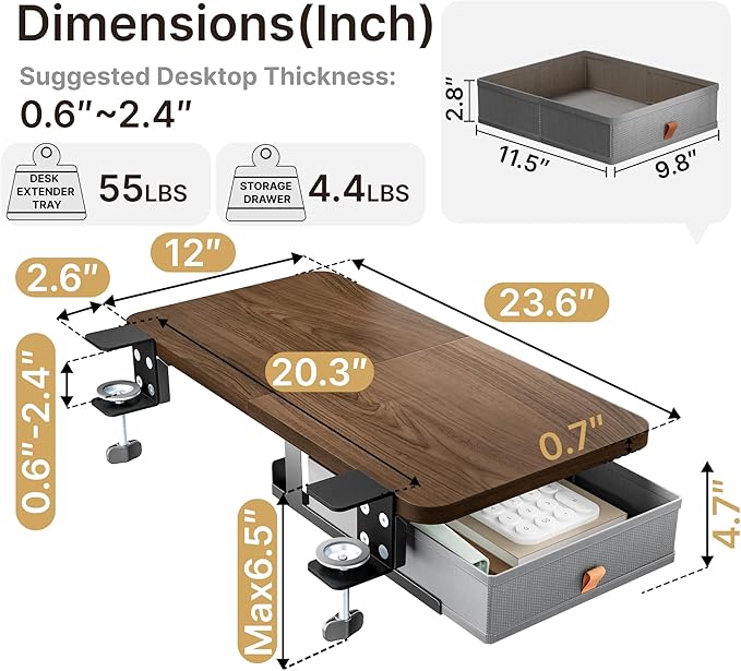 PEGZONE Desk Extender Tray, 24" x 12" Clamp On Desk Shelf, Desk Extension with Storage Drawer, Table Desk Arm Rest, Clamp On Keyboard Tray for Office and Home, Workstation Organizer, Medium, Walnut