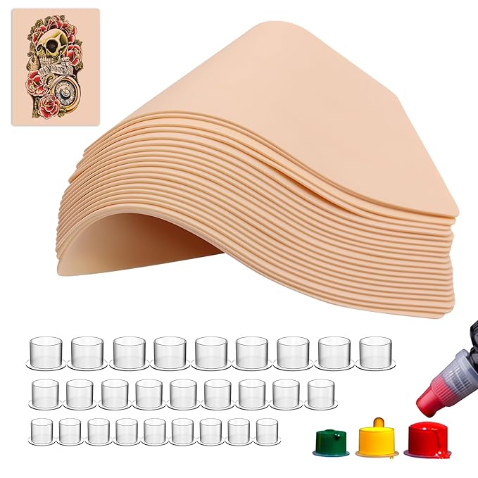 320Pcs Tattoo Skin Practice Kit - 20Pcs Fake Skin+ 300 Mixed Sizes Tattoo Ink Caps Cups (#9/#13/#16) for Tattoo Artists & Beginners,Tattoo Supplies Starter Kit Practice at Home