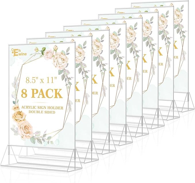 EHWINE 8 Pack Acrylic Sign Holder 8.5 x 11, Double Sided Clear Picture Frame Stand up Table Top Sign Holders, Clear Display Stand Menu Flyer Holder for Wedding Party (Provide Non-slip Mats)