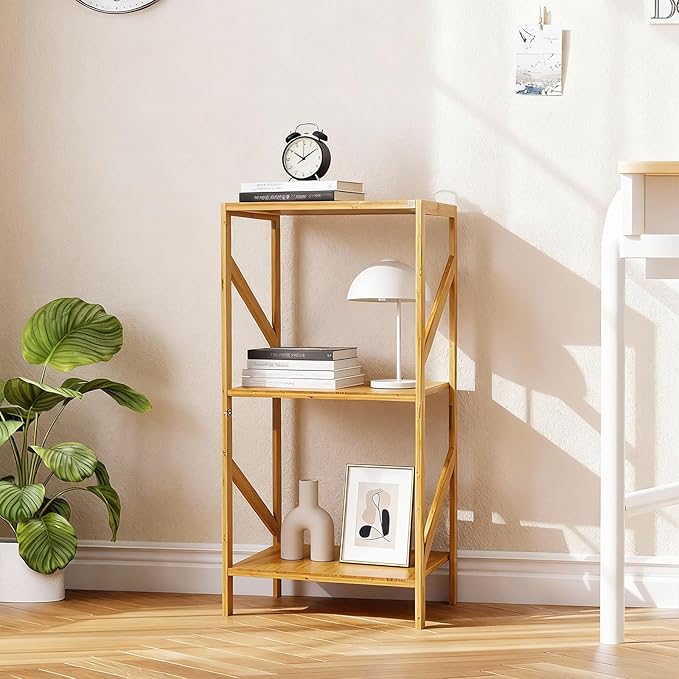 Bamboo Bookshelf, 3 Tier Rustic Style Bookcase, Multifunctional Narrow Shelving Unit Storage Rack for Living Room, Garage, Kitchen, Office, Bookroom, Bedroom, 42 x 30 x 80 cm (3 Tier)