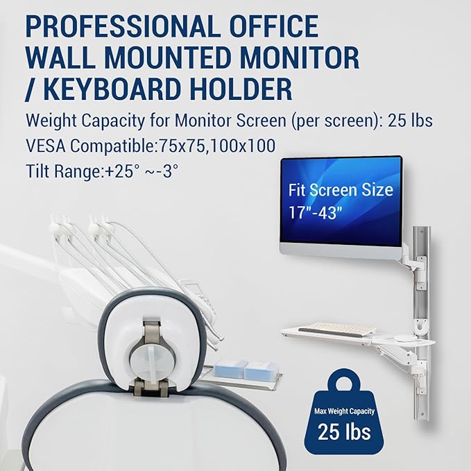 Computer Monitor Arms,White Metal Healthcare Wall Mounting Arm Monitor Stand with Articulating Arm, Keyboard Tray Extension and Mouse Holder for Medical or Dental Clinics, Fits up to 43" Monitor