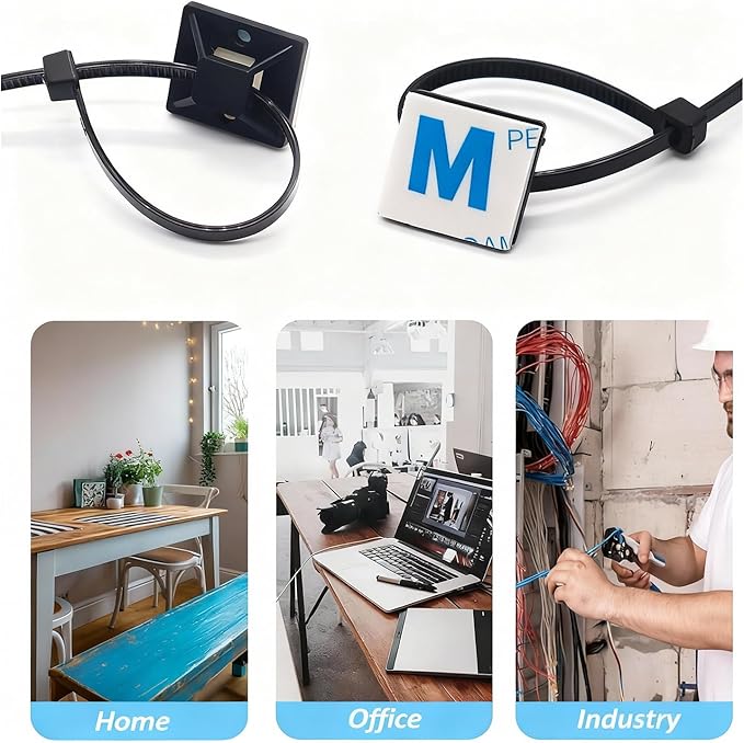 Strong Back-Glue Self Adhesive Cable Zip Tie Mounts Kit - 100 Set Cable Management Clips with 6" Zip Ties, Wire Holders - Outdoor Sticky Wire Organizer Clips-Black