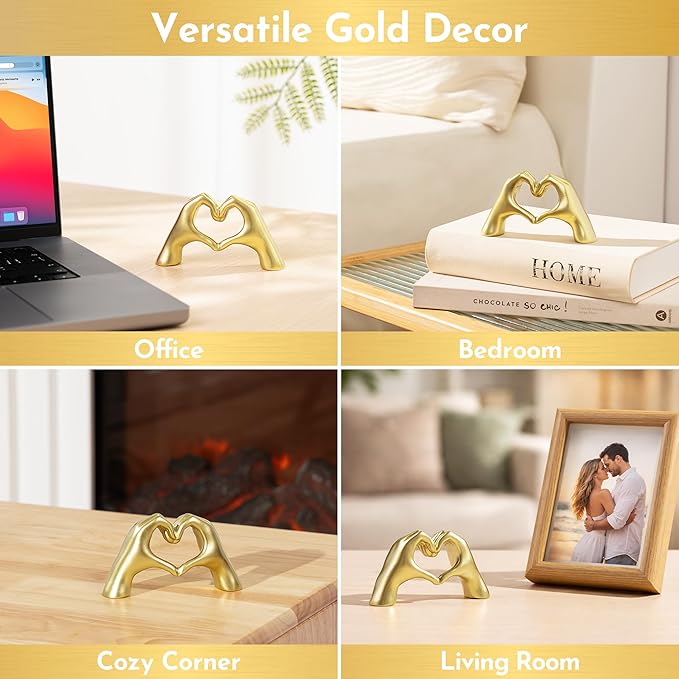 Gold Decor Living Room – Mini Small Heart Hands Sculpture – Shelf Decor Aesthetic – Cute Home Accent Table & Shelves – Love Statue - Gifts Girlfriend, Wife, Women, Teen Girls, Valentine (Gold, Mini)