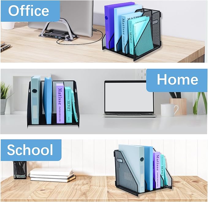 Desk Organizers Metal Magazine File Holder Racks Desktop Folder Storage Binder Organiser Document Organization for Home Office & Classroom,4 Vertical Compartments