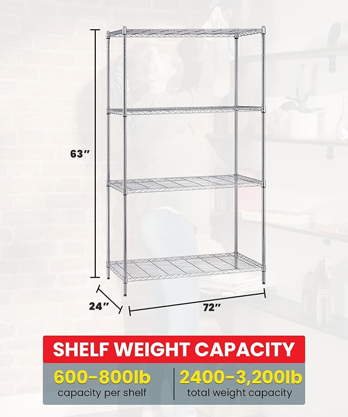 Quantum Storage Systems WR63-2472C Starter Kit for 63" High 4-Tier Wire Shelving Unit, Chrome Finish, 600 lb. Per Shelf Capacity, 24" Width x 72" Length x 63" Height