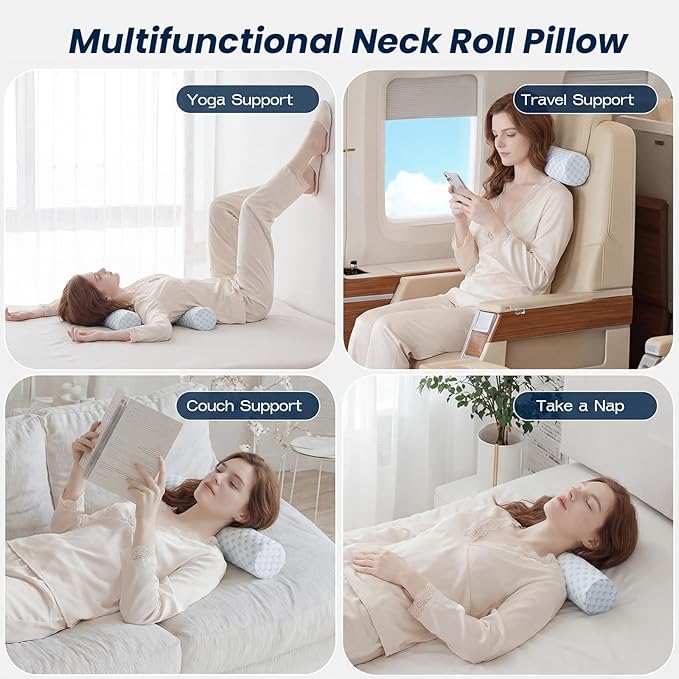 Neck Roll Cervical Pillow for Neck Pain Relief - Memory Foam Neck Pillow for Bed | Round Neck Pillows for Sleeping (Cool-Blue, X-Small - 3.5" H)