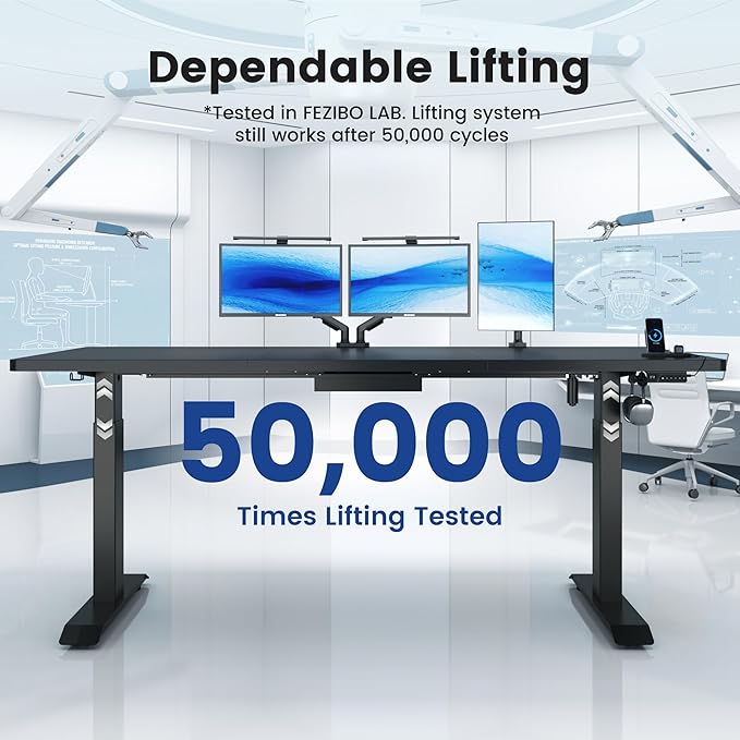 FEZIBO 83 x 37 Inch Standing Desk with Integrated Dual-Beam, Cable Management, 3 Memory Height Adjustable Computer Desk for Home Office Workstation, 1" Thick Large 3-Piece Desktop Black