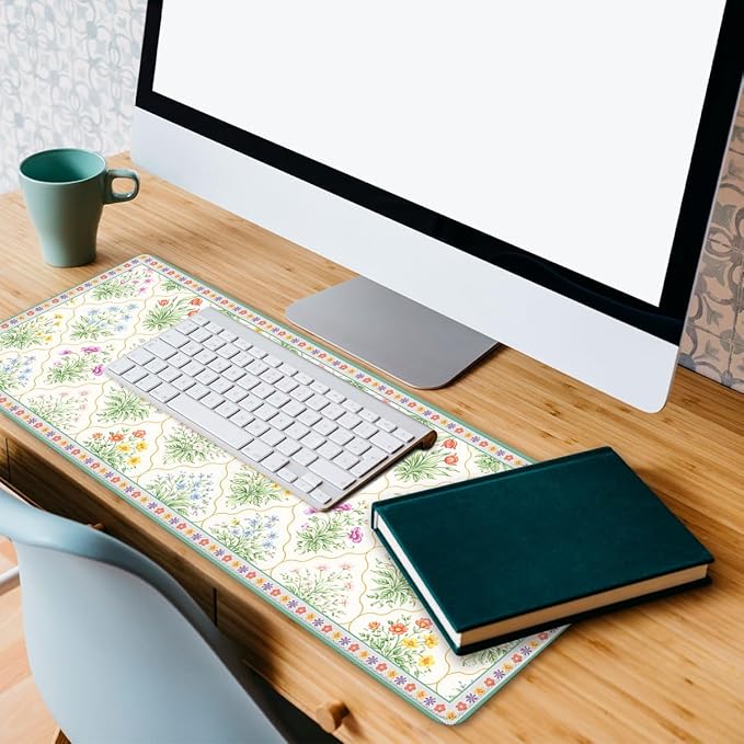 Cottagecore Floral Mouse Pad, Vintage Garden Botanical Gaming Desk Mat Extended Laptop Keyboard Non-Slip Rubber Base with Stitched Edges for Home, 31.5x11.8in Desk Home Office Gaming