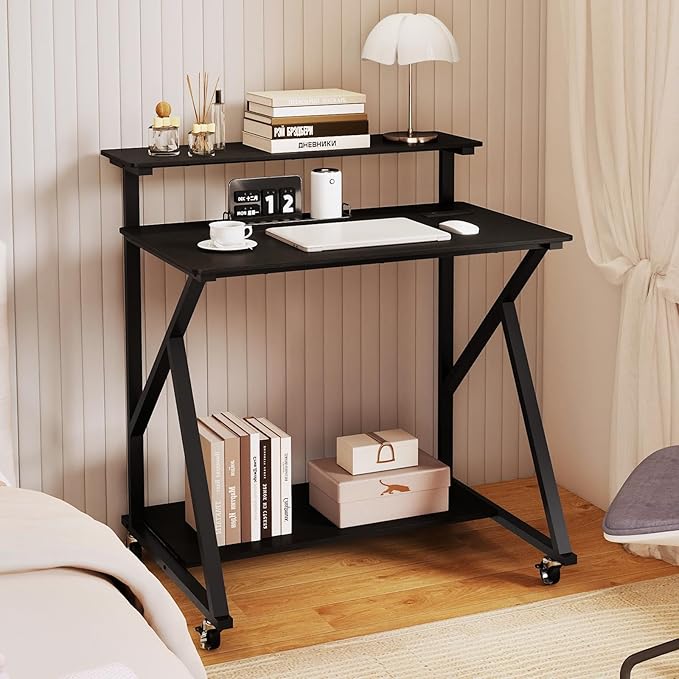 Tangkula Rolling Computer Desk Cart with Power Outlets, 32" Mobile Portable Laptop PC Desk with Monitor Stand, CPU Stand & Storage Shelf, Compact Small Desk on Wheels for Small Space (Black)