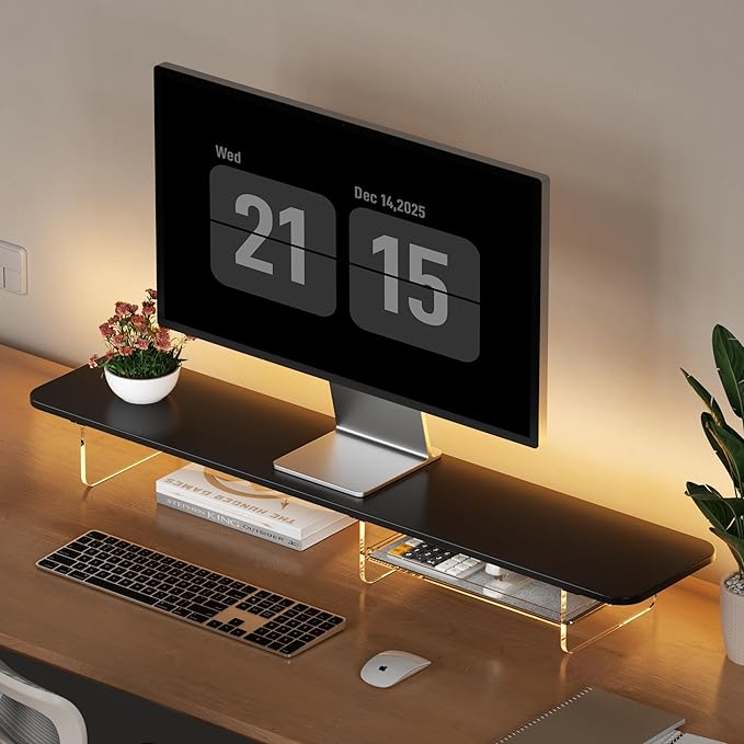 AFOOYO Large Dual Monitor Stand For Desk,43 Inch Desktop Computer Riser with Felt Drawer Acrylic Legs Desk Shelf Organizer For Computer/Laptop/PC/Printer/TV