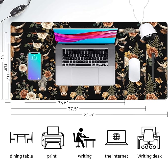 Cute Desk Mat, Highland Cow Floral Large Mouse Pad for Desktop, PU Leather Waterproof Desk Pad, Anti-Slip Computer PC Laptop Protector Gaming Mouse Pads for Office Home Decorations (31.5" x 15.7")