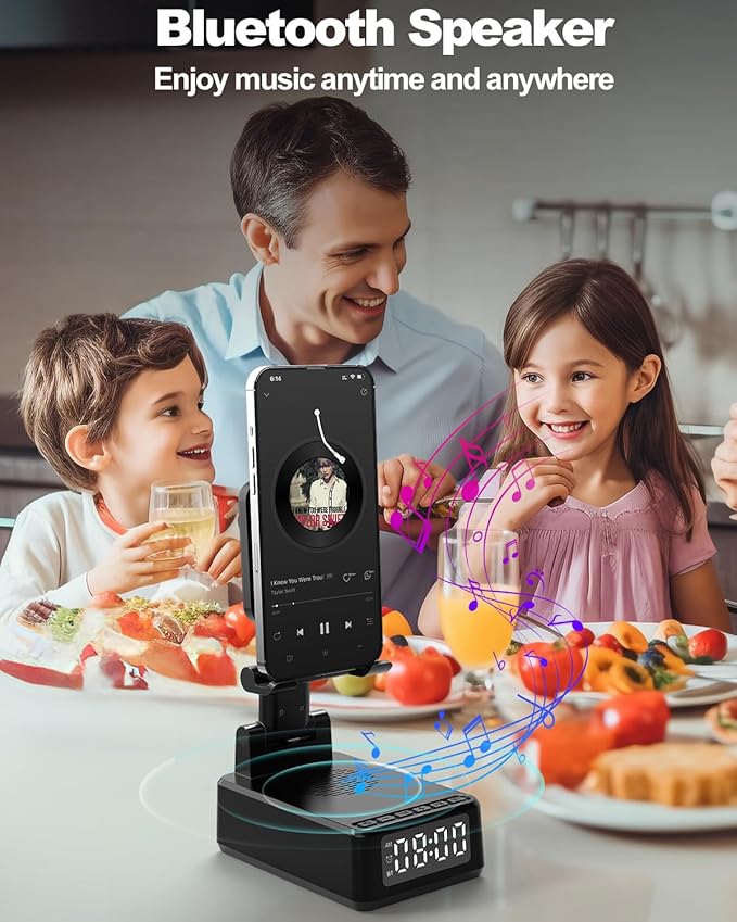 Birthday Gifts for Men Women,Cell Phone Stand with Wireless Bluetooth Speaker,Wireless Phone Charger Stand Alarm Clock for iPhone,Holiday Gifts for Men Women Dad Mom Husband Teen Cool Tech Gadgets