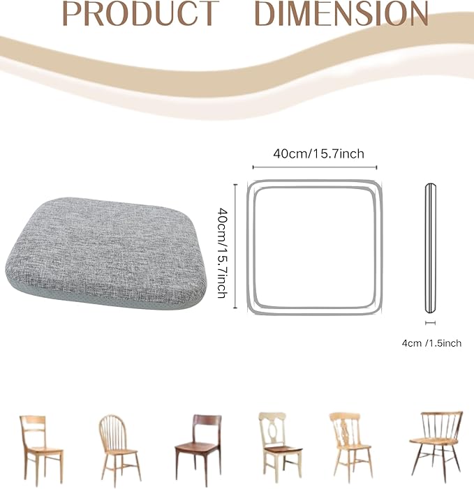 High Resilience Memory Foam Chair Cushion 15"x15"x2" Set of 2 Square Chair Pads and Washable Cover Non Slip Seat Cushions for Indoor Dining Room Kitchen and Office Chairs (Grey,15"x15")