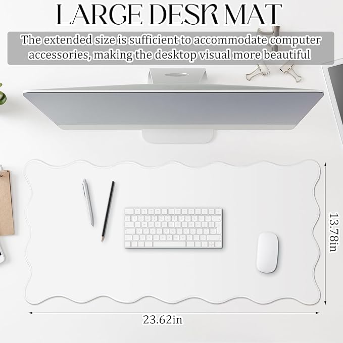 Hahafelt Scalloped Desk Mat Large Desk Pad Cute Coquette Table Mat Aesthetic Preppy Table Make up Pad Nonslip 2026 Graduation Gift with Stitching Waterproof Gaming(White,23.6 x 13.8 Inches)