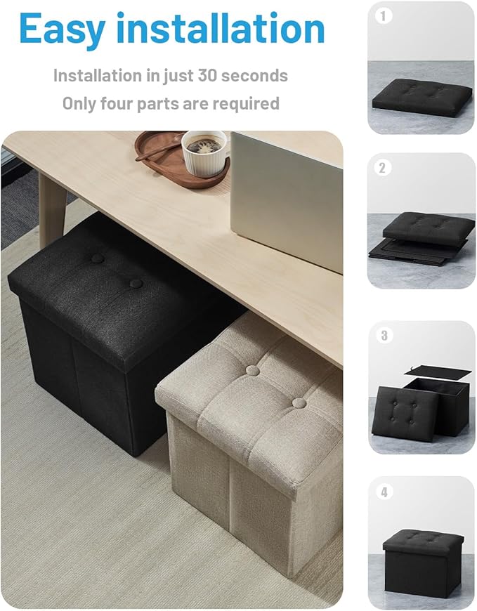 AmasSmile Black Ottoman with Storage,Foot & Leg Rest Stools Small Cute Stool Short Bench Folding Ottomans Square Footstools for Shoe Living Room Under Desk Outdoor RV Camper Each Space Storage