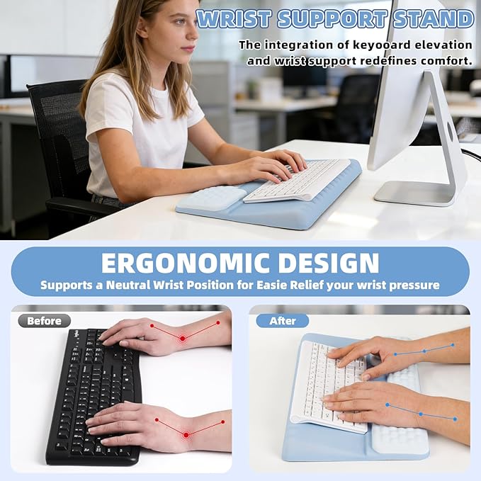 Keyboard Stand with Wrist Rest，Ergonomic Wrist Pad Memory Foam Keyboard Riser Holder Tray with Non-Slip Base, Pain Relief for Work Study Game (Blue)