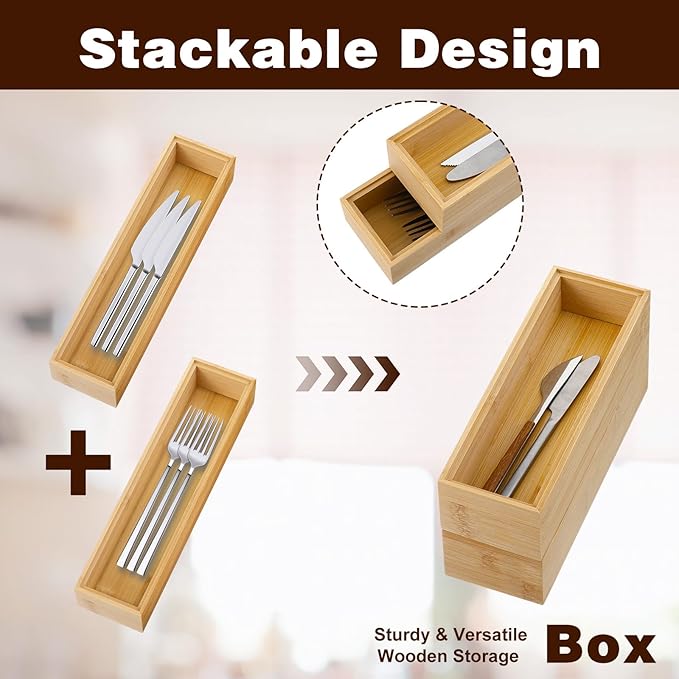 MAQUITA 4 Pack Kitchen Drawer Organizer, Small Silverware Drawer Organizer, Bamboo Utensil Organizer for Bathroom, Dressing Room, Office, Pantry (Natural, 12" x 3" x 2")