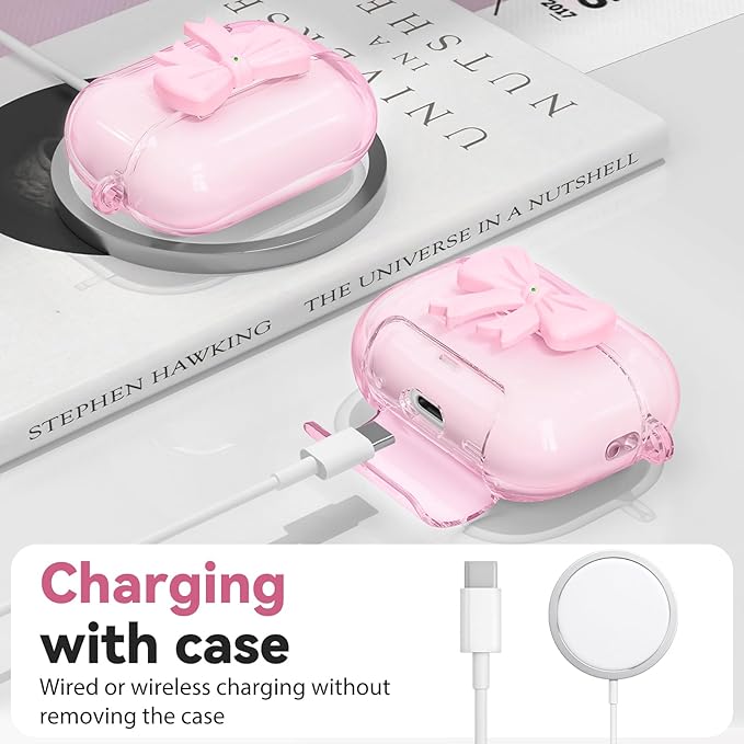 for Airpods Pro 3 Case Pink 2025 with Safety Lock & Phone Stand, 3D Bow Clear iPod Pro 3 Cases with Cute Keychain & Cleaning Kit, Soft TPU Cover for AirPods Pro 3rd Generation Case Girls Women