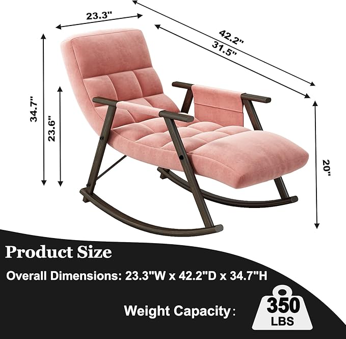 Folding Rocking Chair Nursery with Armrests, Upholstered Lounge Chair Indoor with Side Pocket, Adjustable High Back & Footrest, Glider Rocking Chair for Living Room, Bedroom, Balcony (Velvet, Pink)