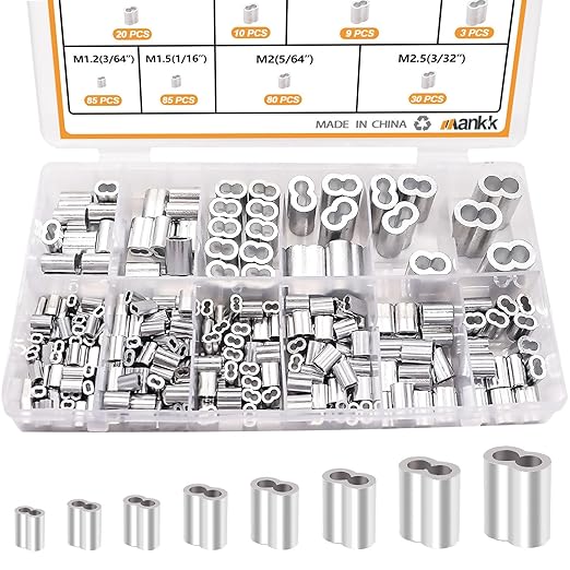 mankk 320 Pcs Aluminum Crimping Loop Sleeve 8 Sizes (3/64'' 1/16'' 5/64'' 3/32'' 1/8'' 5/32'' 3/16'' 1/4'') Wire Rope Sleeves Double Cable Ferrules Kit M-109-320