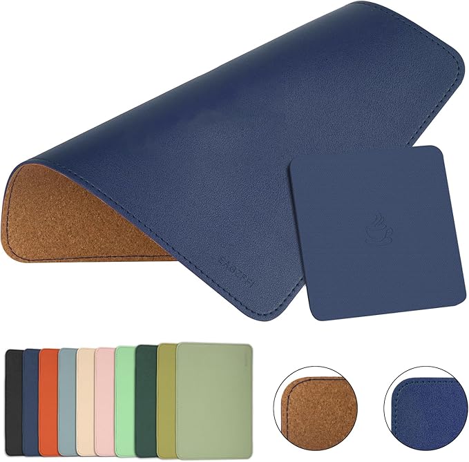 Double-Sided PU Leather & Cork Mouse Pad with Coaster – Reversible, Non-Slip, Stitched Edges for Office & Home, 8x11 Inches,(Blue)