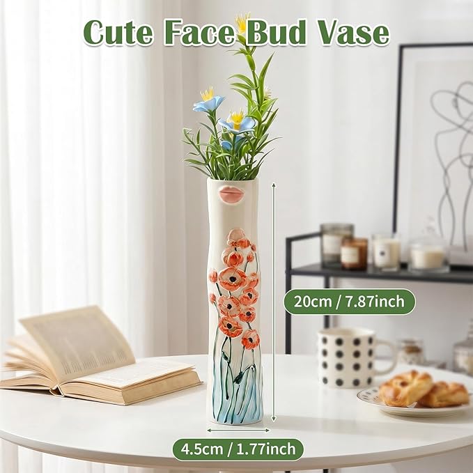 Cute Face Bud Vase, Hand Painted Resin Mini Vase, Boho Decorative Vase for Desk Shelf Living Room Decor, Unique Gift Idea for Women (Lips & Orange Blooms)