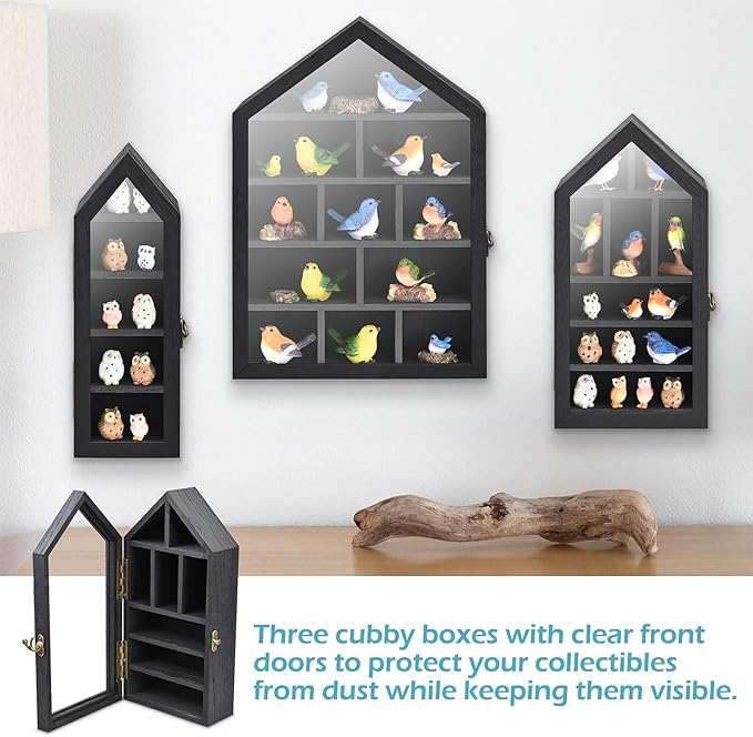 Ikee Design 3 Pcs Set Wall-Mounted House-Shaped Wooden Shadow Cubby Box Display Shelf with Door Storage Display Case for Collectibles, Trinkets, Mini Figures, Black Color, 21.1W x 3.1D x 14.8H in