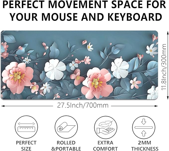 Blue Art Flowers Mouse Pad,Extended Abstract Floral Mousepad Desk Pad with Stitched Edges,Non-Slip Waterproof Rubber Base Mouse Mat for Office Computer Keyboard Laptop Home 27.5x11.8 in