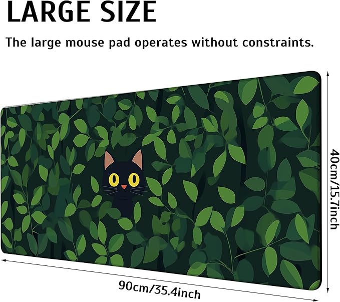 Black Cat Hide Green Leaves Mouse Pad,35.4 x 15.7 Inch Large Mouse Mat Non-Slip Rubber Stitched Edges for Writing Desk,Office,Home,Laptop
