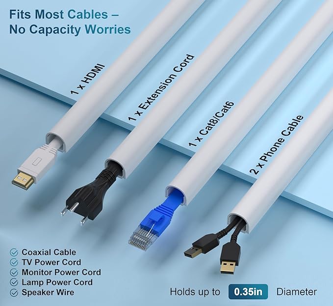 ZhiYo 71in Wire Covers for Cords on Wall, One Cord Hider, Self-Adhesive Cord Covers for Wires on Wall, Paintable TV Cable Hider, White Cable Management Raceway Kit, 5X L14.2in, W0.5in H0.4in