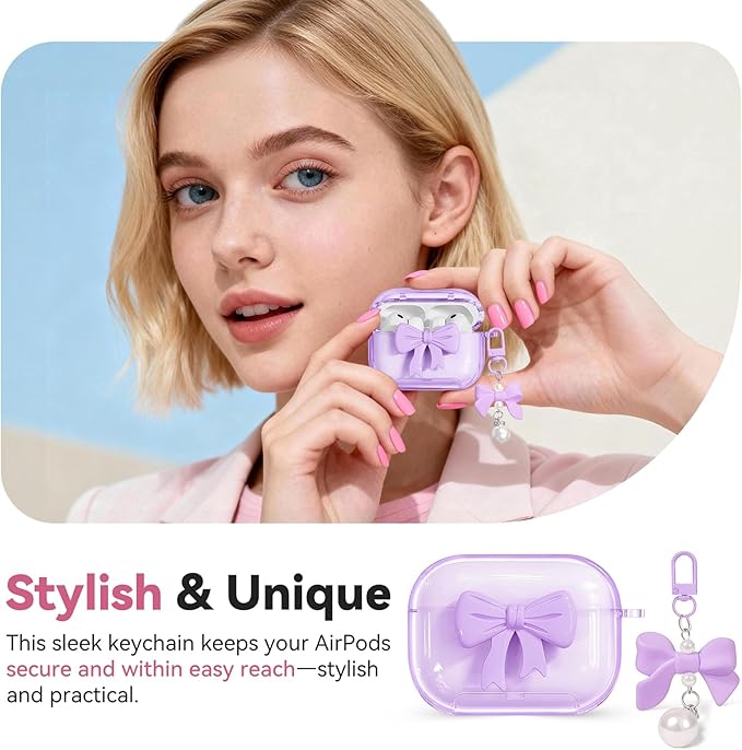 for Airpods Pro 3 Case Pink 2025 with Safety Lock & Phone Stand, Bow Clear iPod Pro 3 Cases with Cute Keychain & Cleaning Kit, Soft TPU Cover for AirPods Pro 3rd Generation Case Girls Women (Purple)